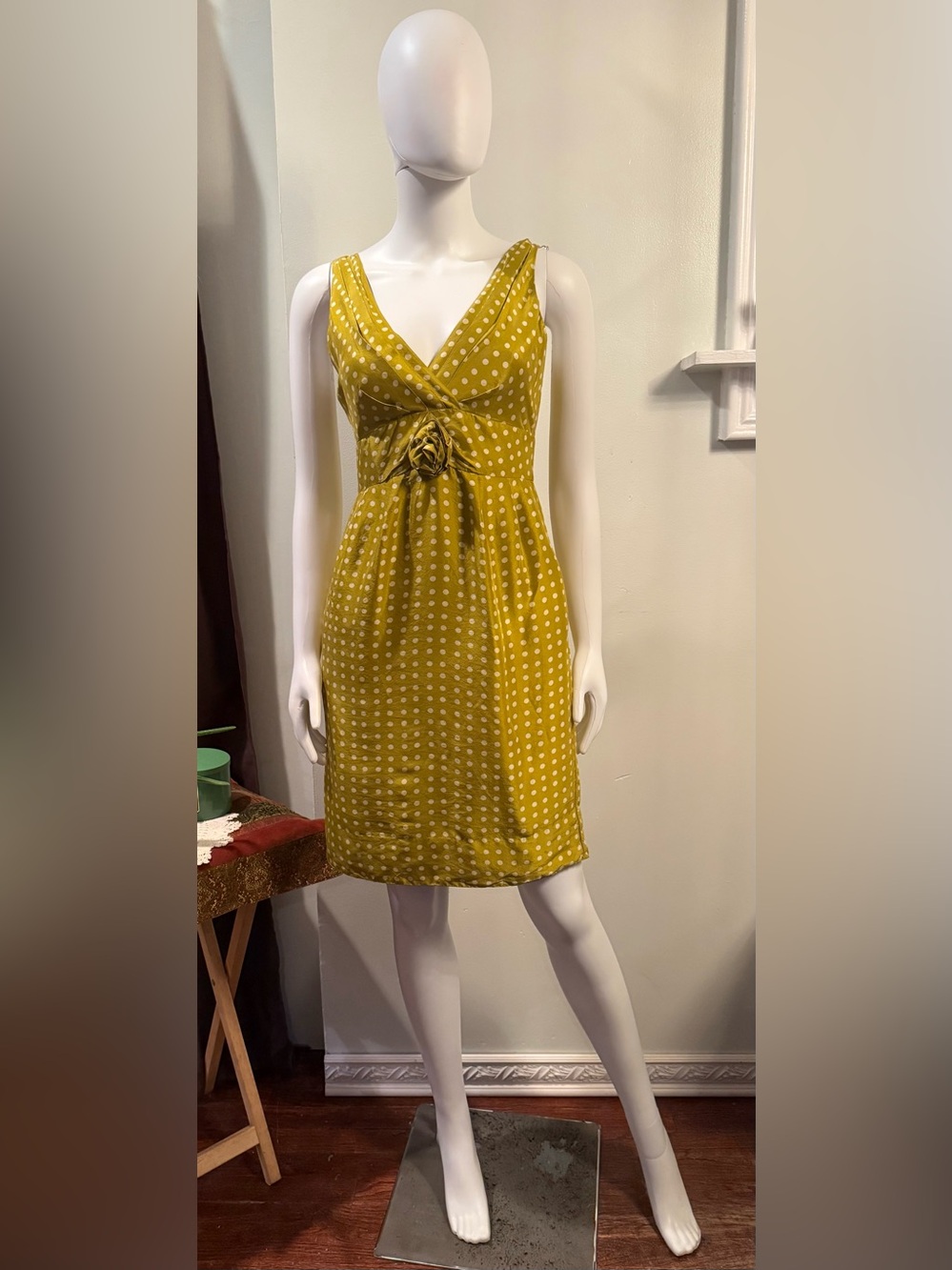 J. Crew Mustard Yellow Silk Polka Dot V-Neck Mini Dress